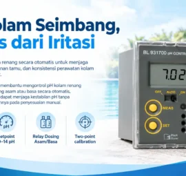 menjaga ph air kolam renang hotel agar tetap seimbang dengan monitoring pH menggunakan Hanna BL931700 membantu mengontrol pH kolam renang melalui sistem dosing asam atau basa secara otomatis, sehingga pengelola dapat menjaga kestabilan pH tanpa bergantung sepenuhnya pada penyesuaian manual.