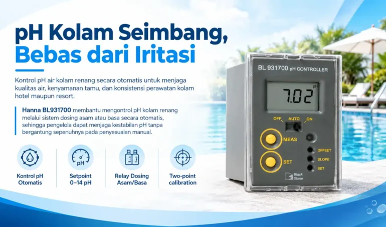 menjaga ph air kolam renang hotel agar tetap seimbang dengan monitoring pH menggunakan Hanna BL931700 membantu mengontrol pH kolam renang melalui sistem dosing asam atau basa secara otomatis, sehingga pengelola dapat menjaga kestabilan pH tanpa bergantung sepenuhnya pada penyesuaian manual.