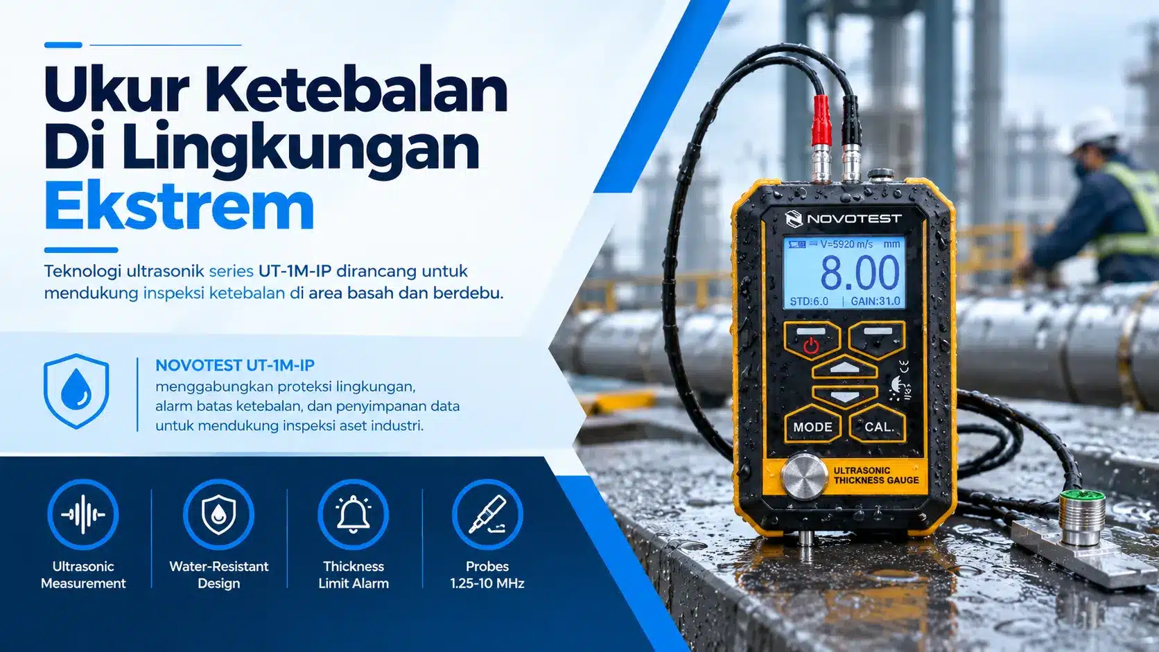 UKUR KETEBALAN DI LINGKUNGAN EKSTREM DENGAN NOVOTEST UT-1M-IP yang dirancang untuk mendukung inspeksi ketebalan di area basah dan berdebu