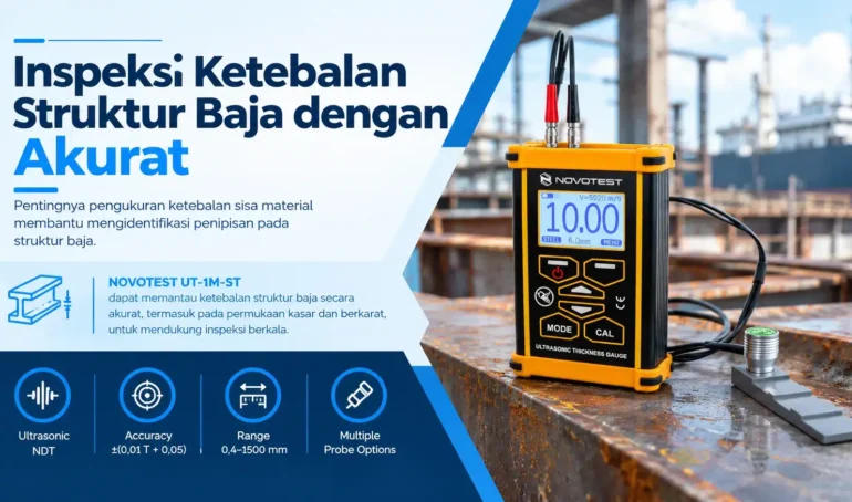 ukur ketebalan struktur baja dengan NOVOTEST UT-1M-ST membantu memantau ketebalan struktur baja secara akurat, termasuk pada permukaan kasar dan berkarat, untuk mendukung inspeksi berkala.