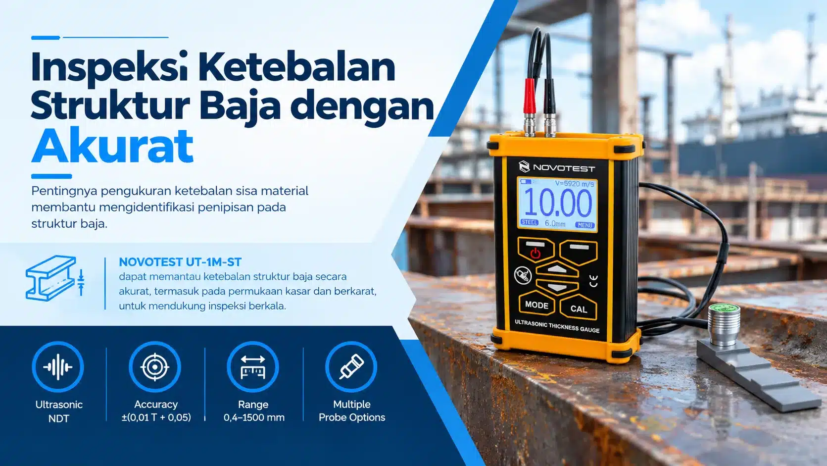 ukur ketebalan struktur baja dengan NOVOTEST UT-1M-ST membantu memantau ketebalan struktur baja secara akurat, termasuk pada permukaan kasar dan berkarat, untuk mendukung inspeksi berkala.