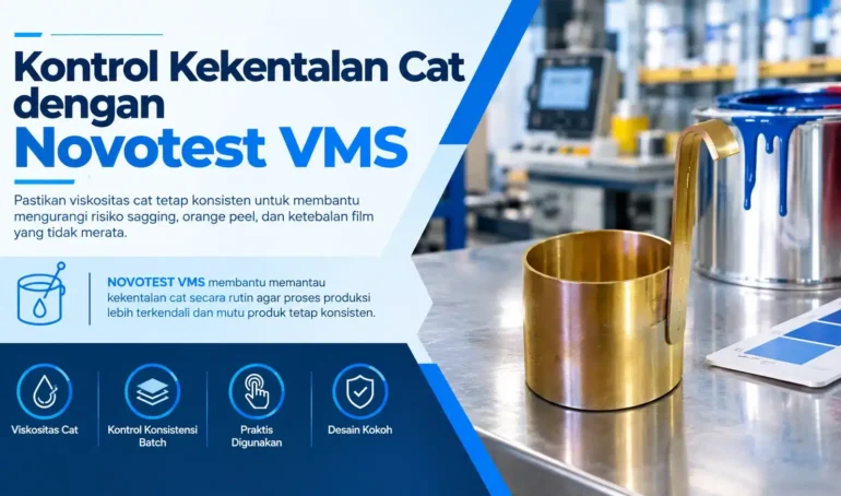 KONTROL KEKENTALAN CAT DENGAN NOVOTEST VMS membantu memantau kekentalan cat secara rutin agar proses produksi lebih terkendali dan mutu produk tetap konsisten. untuk membantu mengurangi risiko sagging, orange peel, dan ketebalan film yang tidak merata.