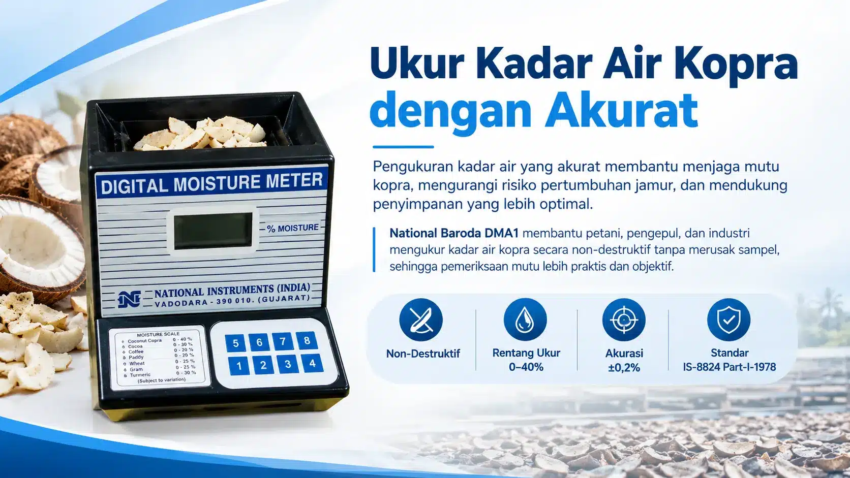 rekomendasi moisture meter ukur kadar air kopra yang akurat National Baroda DMA1 membantu petani, pengepul, dan industri mengukur kadar air kopra secara non-destruktif tanpa merusak sampel, sehingga pemeriksaan mutu lebih praktis dan objektif.