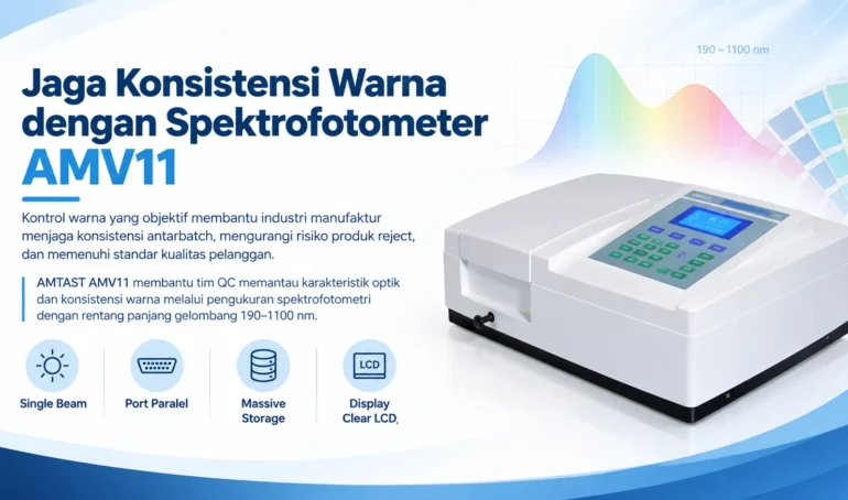 kontrol konsistensi warna dengan AMTAST AMV11 membantu tim QC memantau karakteristik optik dan konsistensi warna melalui pengukuran spektrofotometri dengan rentang panjang gelombang 190–1100 nm